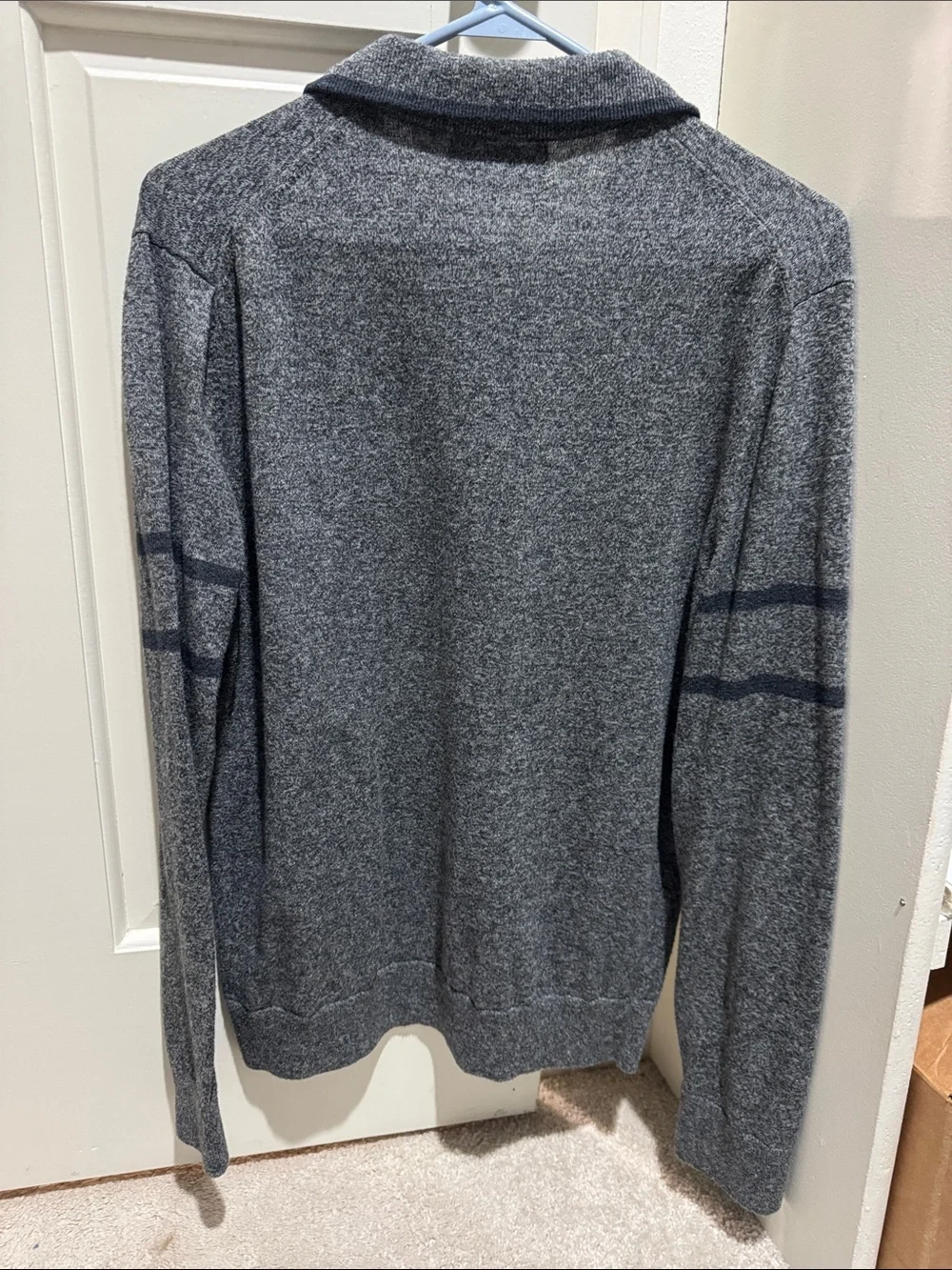 Banana Republic Men's Heather Gray Quarter-Zip Sweater with Dark Sleeve Stripes